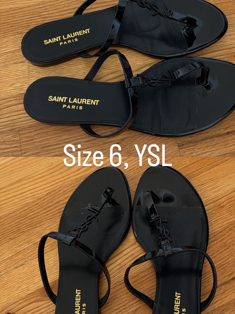 Saint Laurent Black Patent Leather YSL Thong Sandals